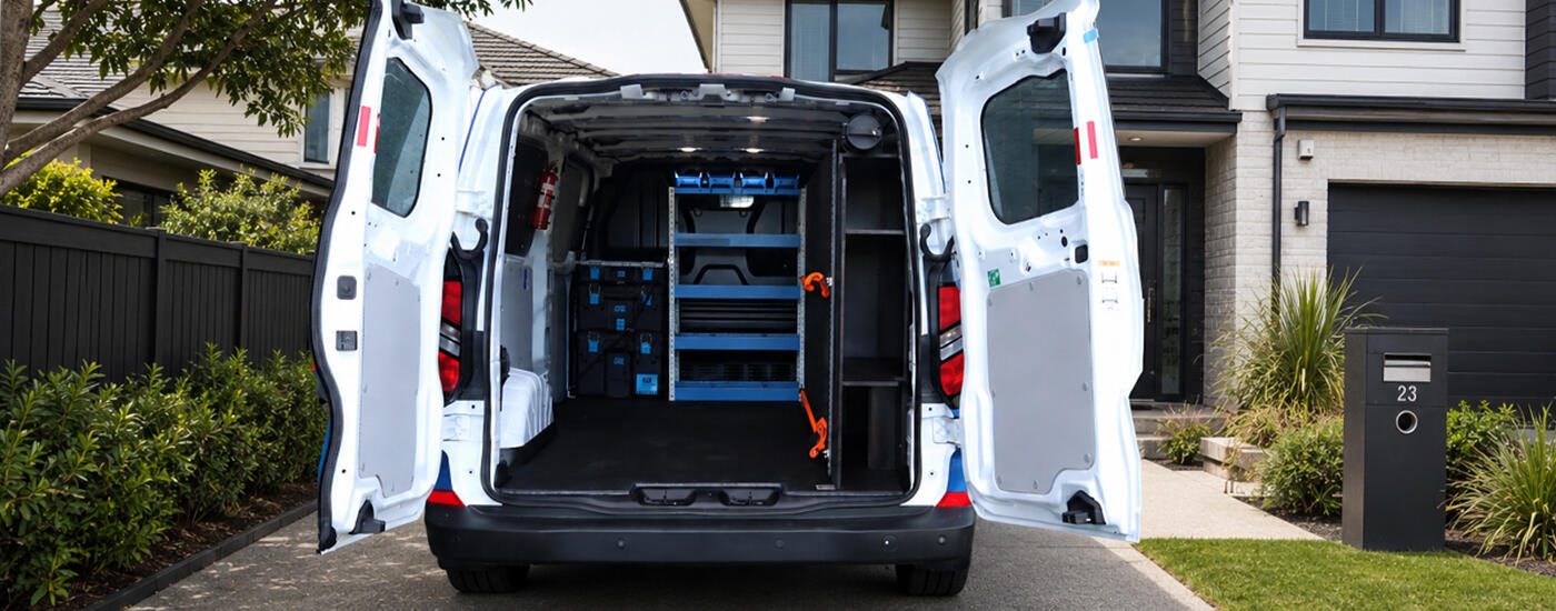 Noel Leeming delivery van with Auto Transform fitout parked in driveway