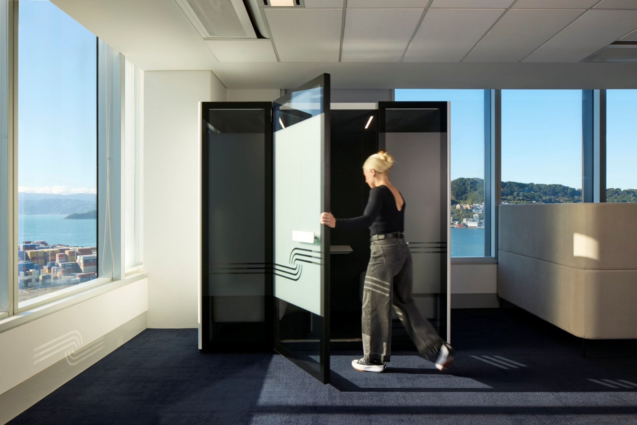 Enclosed acoustic office pod installed in a New Zealand workplace