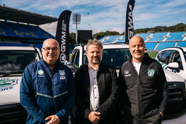 NZ Warriors CEO Cameron George, GWM country manager Cameron Thomas and Warriors legend Monty Betham.